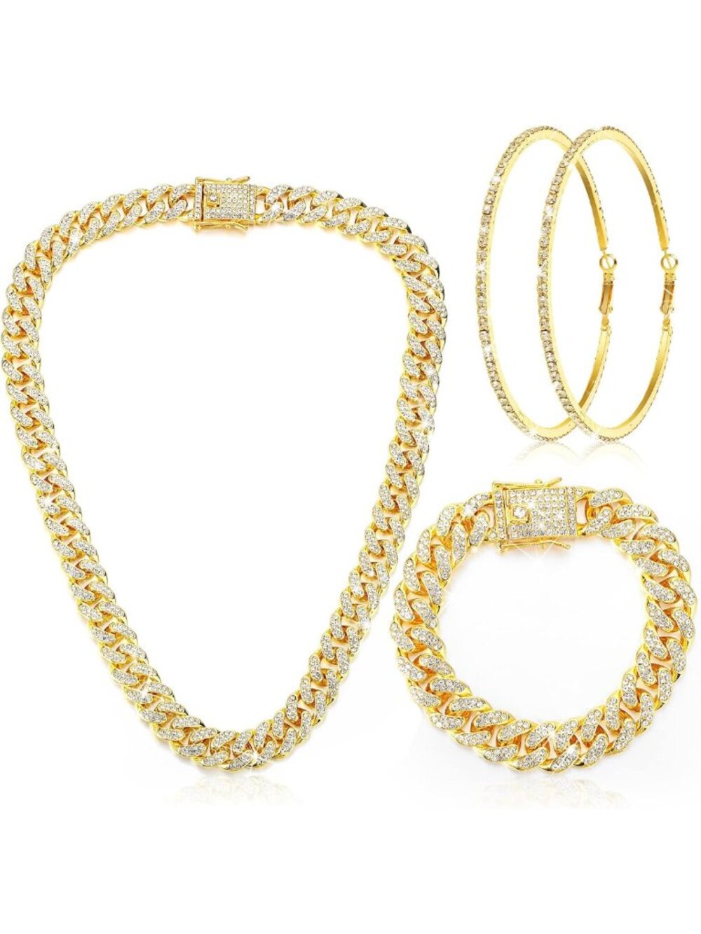 Cuban Link Jewelry Set: Necklace, Bracelet & Earrings - Trendy Fashion